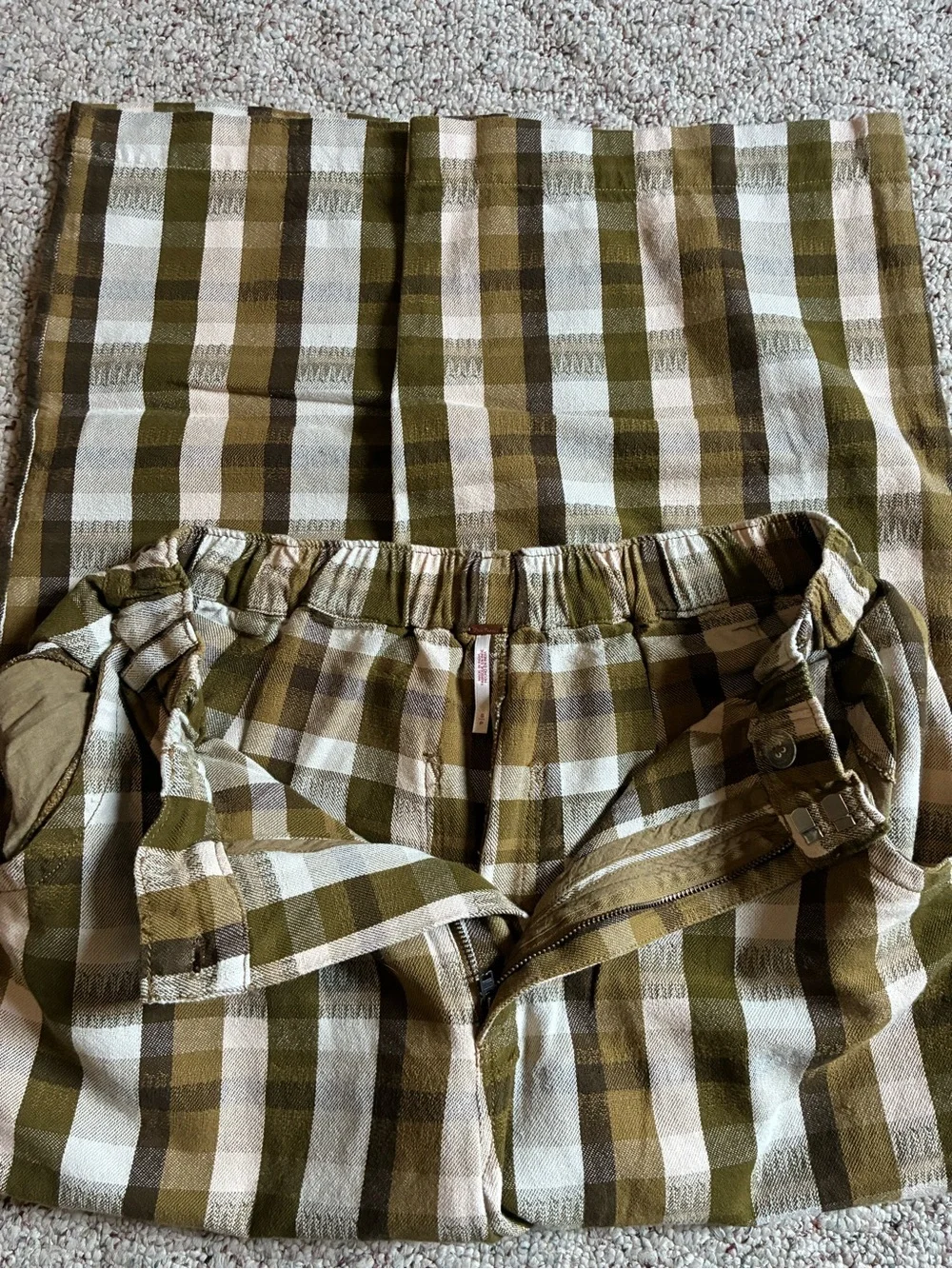 Free People Olive & Cream Plaid Relaxed Pants